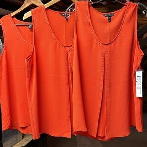 Tribal orange summer sleeveless top flowing with center pleat and tiny brad thin